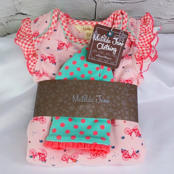 MATILDA JANE 4-PIECE SET 'ROUND TRIP CAMP' REVERSIBLE BODYSUITS & BONNET CLT. - Picture 16 of 16